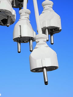 Plug, Cable, Line, Current, Energy, cable, line, power line, electricity, socket, power cable, power supply, connect, connection, sky, blue, metal, low angle view, no people, light bulb, clear sky, innovation, lighting equipment, white color, day, close-up, technology, nature, sunlight, outdoors, plastic, fuel and power generation, sunny, still life, bell, silver colored, electrical equipment, electric lamp, 4K, CC0, public domain, royalty free