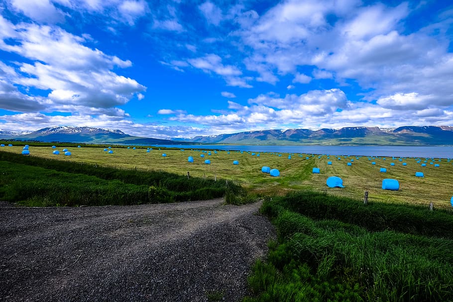 Berge, Natur, Himmel, Wasser, Wolken, Ackerland, Pflanzen, Umgebung, Feld, Gras, Wiese, Wachstum, idyllisch, Fluss, Landschaft, szenisch, still, wolke - himmel, Szenen - Natur, Straße, Land, Schönheit in der Natur, Ruhe, ruhige Szene, keine Leute, Pflanze, Nicht-städtische Szene, Tag, Transport, Blau, grüne Farbe, Gebirge, draußen, 4K