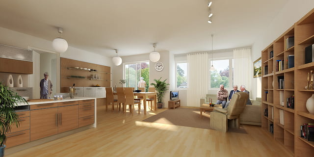 gente dentro de la habitación, interior, villa, representación, visualización, arquitectura, visualización 3d, visualización arquitectónica, paisaje, edificio, cgi, adentro, cuarto doméstico, interior de la casa, moderno, estilos de vida, piso, apartamento, diseño, adulto, ventana, mesa, mueble, gente, estructura construida, estante, día, piso de madera, sentado, sala, hombres, dos personas, estante para libros, lujo, 4K, CC0, dominio público, libre de derechos