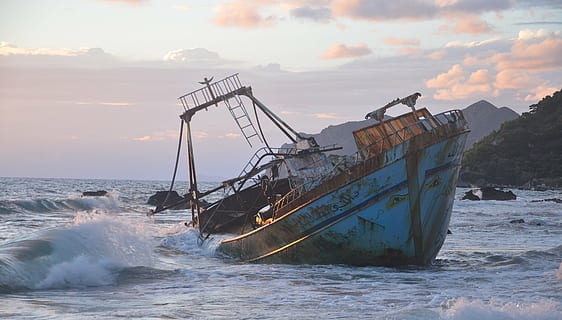blue ship wreck, wreck, ship, broken, rotten, sunken, greece, europe, boat, rusty, sea, nautical Vessel, wave, water, transportation, sky, sunset, nature, motion, mode of transportation, cloud - sky, beach, sport, scenics - nature, beauty in nature, aquatic sport, crash, shipwreck, horizon over water, outdoors, power in nature, breaking, sinking, 4K, CC0, public domain, royalty free