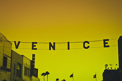 Venice, Hanging, Sign, Yellow, typography, architecture And Buildings, no People, urban Scene, text, outdoors, communication, neon, low angle view, sky, building exterior, built structure, architecture, clear sky, copy space, nature, lighting equipment, day, residential district, building, city, street, electricity, 4K, CC0, public domain, royalty free
