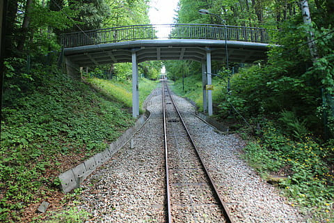 de rij, sporen, bergen, beskid, berg-, gras, landschap, uitzicht, vakantie, brug, module, spoor transport, fabriek, boom, spoor, richting, spoorlijn, de weg vooruit, vervoer, perspectief verminderen, verbinding, land-, natuur, groei, Bos, groene kleur, dag, geen mensen, brug - door de mens gemaakte structuur, architectuur, buitenshuis, lang, parallel, 5K, CC0, publiek domein, royaltyvrij