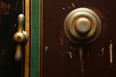 two, brass-colored, personal, safe, knobs, gold, door, knob, vault, combination, lock, handle, brass, old-fashioned, no people, close-up, retro styled, indoors, gold colored, day, entrance, metal, technology, antique, doorknob, safety, old, wood - material, music, security, communication, full frame, silver colored, 5K