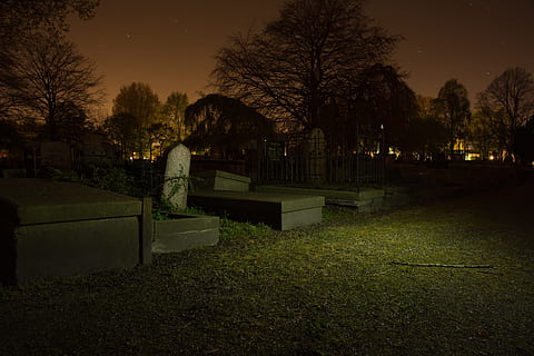 kirkegård, grave, træ, uhyggelig, nat, gravstene, mørk, død, skræmmende, plante, sæde, natur, bænk, himmel, græs, parkere, grøn farve, grav, udendørs, gravsten, ingen mennesker, sidder, park - mand skabt plads, skumring, 5K, CC0, offentligt domæne, royaltyfrie
