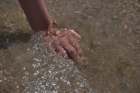 refreshment, hand, sea, reflection, summer, beach, water, human body part, real people, one person, lifestyles, body part, human hand, nature, wet, day, leisure activity, human leg, high angle view, unrecognizable person, waterfront, outdoors, human foot, finger, shallow, flowing water, 4K, CC0, public domain, royalty free
