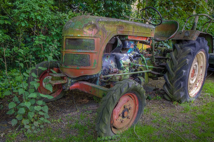 traktor, hdr, mose, gress grønt, gammel, gress, grønn, defekt, slått av, transport, transportmiddel, foreldet, land kjøretøy, grønn farge, hjul, forlatt, land, rusten, anlegg, skadet, dag, løp ned, felt, motorkjøretøy, metall, stasjonær, natur, forverring, ingen folk, avslå, utendørs, ødelagt, 5K