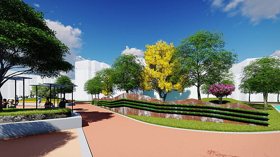 rendus communautaires, la perspective, partiel, plante, arbre, architecture, structure construite, la nature, ciel, extérieur du bâtiment, bâtiment, richesse, paysage, district résidentiel, luxe, personne, cour avant ou arrière, jardin, herbe, maison, sentier, bleu, journée, piscine, jardin d'ornement, en plein air, moderne, parterre de fleurs, 1080P, CC0, domaine public, libre de droits