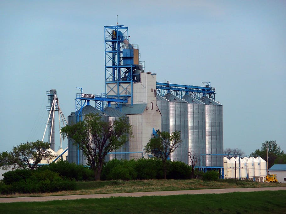 sitja, elevador de grans, garner, a granel, edifici, Agricultura, indústria, fàbrica, dia, refineria de petroli, a l'aire lliure, cap gent, estructura construïda, arquitectura, cel, exterior de l'edifici, planta, naturalesa, arbre, cel clar, edifici industrial, vista d’angle baix, generació de combustible i energia, herba, dipòsit d'emmagatzematge, desenvolupament, 2K