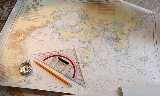 maritim, navigation, chart, compass, protractor, ruler, pencil, map, cartography, travel, direction, topography, world Map, high angle view, guidance, indoors, exploration, still life, no people, paper, discovery, planning, navigational compass, table, adventure, journey, antique, equipment, 2K, CC0, public domain, royalty free