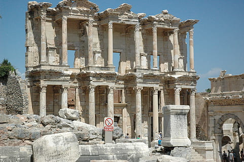celsus, library, turkey, history, architecture, the past, architectural column, ancient, built structure, travel destinations, tourism, travel, sculpture, old ruin, ancient civilization, statue, sky, day, building exterior, art and craft, archaeology, place of worship, representation, no people, ruined, 2K, CC0, public domain, royalty free