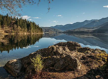 lake, landscape, mountains, nature, reflections, mountain, forest, water, scenics, outdoors, reflection, sky, summer, tree, beauty In Nature, tranquility, scenics - nature, tranquil scene, plant, non-urban scene, rock, no people, day, idyllic, rock - object, mountain range, formation, 5K, CC0, public domain, royalty free