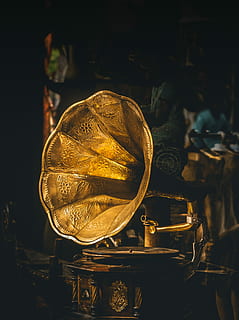 primer pla, foto, gramòfon, gramòfon marró, coure, llum solar, tocadiscs, vinil, color daurat, cap gent, natura morta, centrar-se en primer pla, a l'interior, gran grup d'objectes, vell, venda al detall, antiguitat, menjar i beguda, menjar, contenidor, fruita, naturalesa, a la venda, metall, negocis, directament a sobre, 2K, CC0, domini públic, lliure de regalies