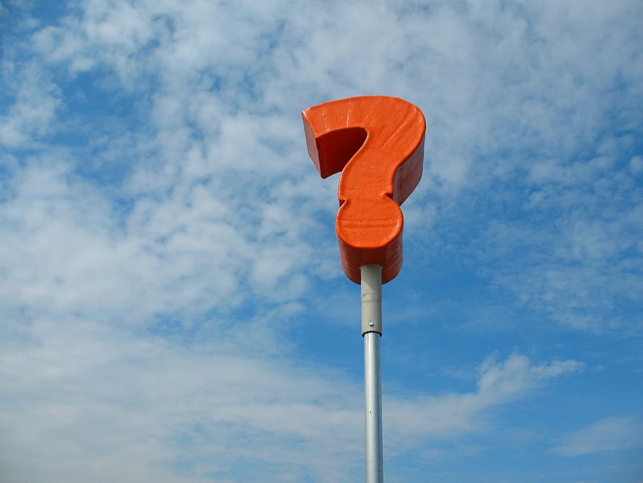 orange, question mark sign, question mark, red, sky, blue, clouds, background, cloud - sky, low angle view, day, nature, no people, pole, outdoors, orange color, lighting equipment, brown, copy space, environment, single object, sport, working, sunlight, 2K