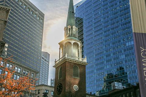 brown, gray, building, two, tall, buildings, concrete, tower, high, riser, architecture, infrastructure, city, autumn, sunlight, sky, sunny, sunrise, clock, skyscraper, building exterior, built structure, day, no people, window, city life, outdoors, office building exterior, low angle view, glass - material, modern, office, tall - high, nature, reflection, travel destinations, business, cityscape, financial district, 5K, CC0, public domain, royalty free