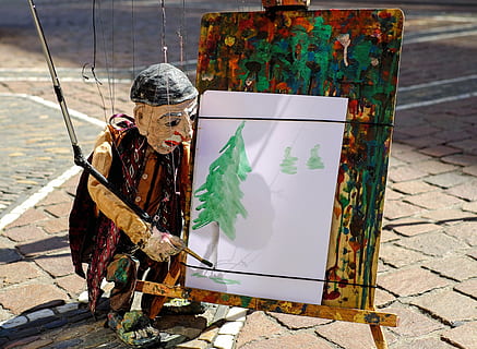 puppet painting pine tree, puppet, figure, artists, paint, puppeteer, road, one person, day, real people, nature, front view, sunlight, full length, creativity, art and craft, outdoors, lifestyles, human representation, brush, leisure activity, paintbrush, holding, men, footpath, paving stone, 4K, CC0, public domain, royalty free
