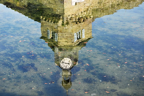 belfry, time, clock, reflections, water, city, urban, points, belfry clock, architecture, tower, medieval, heritage, reflection, waterfront, lake, history, the past, building exterior, built structure, puddle, nature, day, no people, building, high angle view, old, standing water, outdoors, 5K, CC0, public domain, royalty free