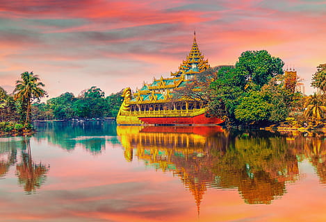 rosso, barca, pittura della moschea, foto, d'oro, tempio, corpo, acqua, Karaweik, riflessione, albero, rosa, Asia, buddismo, tempio - edificio, Tailandia, pagoda, culture, mangiare, posto famoso, lago, architettura, spiritualità, religione, Budda, cultura dell'est asiatico, antico, natura, viaggio, fiume, cielo, tramonto, luogo di culto, struttura costruita, pianta, credenza, lungomare, storia, il passato, nuvola - cielo, costruzione, nessuno, all'aperto, 4K, CC0, dominio pubblico, privo di copyright