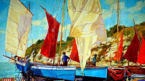 nature, sky, people, clouds, boats, fishermen, flags, harbour, painting, port, sail, seashore, nautical vessel, mode of transportation, transportation, water, day, real people, men, multi colored, sea, standing, flag, occupation, outdoors, group of people, travel, lifestyles, sailboat, fishing industry, fishing boat, 5K