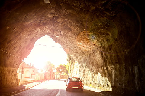 car, italy, oldtimer, porsche, roadtrip, street, tunnel, vehicle, vintage, architecture, arch, mode of transportation, built structure, motor vehicle, nature, indoors, transportation, no people, sunlight, the way forward, day, road, land vehicle, rock, direction, rock - object, solid, natural arch, light at the end of the tunnel, 5K, CC0, public domain, royalty free
