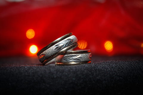 Ring, Wedding, Commitment, Love, Romance, love, romance, people, marriage, marry, nuptials, event, ceremony, church, romantic, grooms, no people, close-up, indoors, day, jewelry, selective focus, still life, red, focus on foreground, metal, orange color, silver colored, diamond - gemstone, celebration, shiny, gift, emotion, art and craft, two objects, engagement ring, precious gem, luxury, 4K, CC0, public domain, royalty free