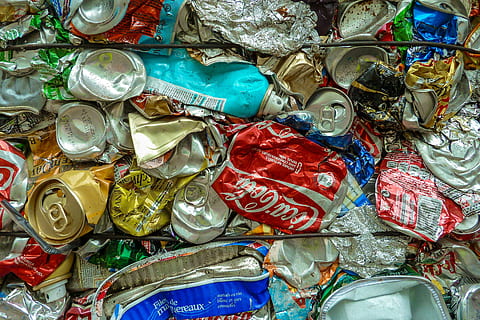 Bobbin, Waste, Environment, selective sorting, soda, beverages, aluminum, garbage, multi colored, close-up, no people, day, large group of objects, full frame, choice, abundance, variation, backgrounds, high angle view, indoors, directly above, metal, still life, social issues, environmental issues, bag, container, personal accessory, semi-precious gem, precious gem, 4K, CC0, public domain, royalty free
