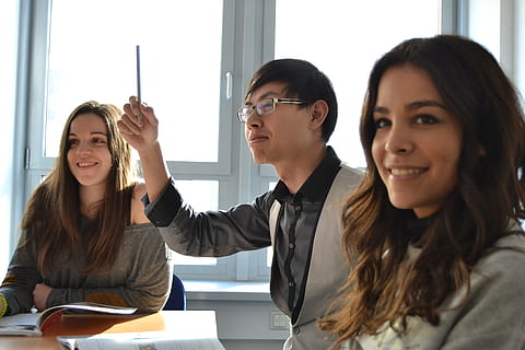 hombre, gris, chaqueta de sport, sentado, participación, bolígrafo, dos, mujer, estudiantes, multicultural, escuela de idiomas, mujer joven, adulto joven, adulto, adentro, comunicación, mesa, oficina, cooperación, gente, lentes, tecnología inalámbrica, tecnología, retrato, trabajo en equipo, educación, reunión, 4K, CC0, dominio público, libre de derechos