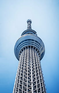 gray, tower, worm, view photography, silver, building, structure, day, time, architecture, skytree, tokyo, japan, landmark, skyscraper, travel destinations, building exterior, sky, clear sky, built structure, blue, modern, low angle view, tall - high, office building exterior, tourism, city, travel, no people, nature, outdoors, spire, global communications, 4K