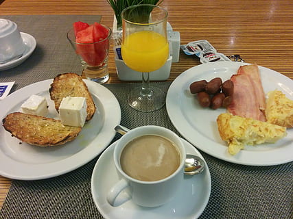Breakfast, Hotel, Buffet, food and drink, plate, drink, bread, indoors, food, table, refreshment, freshness, ready-to-eat, meal, coffee, wellbeing, mug, coffee - drink, eating utensil, healthy eating, cup, glass, serving size, crockery, no people, saucer, table knife, 2K, CC0, public domain, royalty free