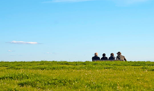 vier, Bank, Aussicht, Ausflug, Ausschau halten, Grün, Idylle, Himmel, Pflanze, Feld, Gruppe von Leuten, Land, Gras, Frau, Natur, Männer, Rückansicht, Landschaft, kopieren sie platz, Schönheit in der Natur, Umgebung, Erwachsene, Tag, Sitzung, Menschen, grüne Farbe, echte Menschen, draußen, 1080P, CC0, gemeinfrei, lizenzfrei