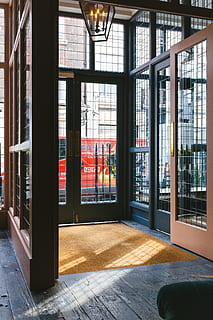 architecture, building, ceiling, contemporary, door, entrance, glass, glass door, hallway, indoors, inside, interior design, lamp, luxury, modern, reflection, street, vehicle, window, glass - material, built structure, day, transparent, no people, flooring, sunlight, nature, empty, shadow, book, 5K, CC0, public domain, royalty free