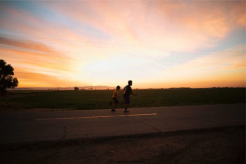 two, boys, running, road, golden, hour, person, walking, street, sunset, dusk, sky, young, kids, children, fitness, exercise, pavement, people, friends, silhouette, field, togetherness, two people, real people, nature, landscape, men, cloud - sky, full length, lifestyles, adult, leisure activity, beauty in nature, sunlight, women, outdoors, transportation, 1080P, CC0, public domain, royalty free