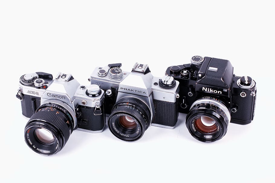 càmera, tècnica, clàssic, cànon, nikon, praktica, retro, càmera - equip fotogràfic, equipament, tecnologia, temes de fotografia, sol objecte, lent - instrument òptic, fons blanc, lent - ull, equip fotogràfic, color negre, tallar, a l'interior, tir de l'estudi, primer pla, cap gent, Color blanc, càmera digital, grup d'objectes, càmera slr, 5K