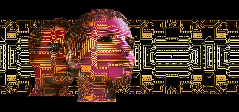 deux, femme, illustration de l'homme, planche, numérisation, visage, La technologie, pense, Humain, circuits, mode microprocesseur, contrôlé, poupée, intelligence artificielle, une fonction, circuit imprimé, numérique, intelligente, futuriste, tête, portrait, l'informatique, binaire, mannequin d'affichage, nuit, illuminé, architecture, personne, fond noir, en plein air, multi couleur, prise de vue en studio, la créativité, à l'intérieur, texte, modèle, représentation, art et Artisanat, la communication, Industrie électronique, embrasé, fermer, variation, artisanat, grand groupe d'objets, électricité, 5K