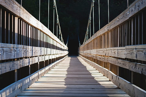 Brücke, Weg, Wald, Bäume, Pflanzen, Abenteuer, draussen, Holz, Sonnenlicht, sonnig, der Weg nach vorn, die Architektur, Geländer, gebaute Struktur, Verbindung, Richtung, Brücke - künstliche Struktur, Transport, abnehmende Perspektive, Steg, keine Leute, Natur, Tag, Hängebrücke, draußen, Fluchtpunkt, Schatten, leeren, lange, 4K, CC0, gemeinfrei, lizenzfrei
