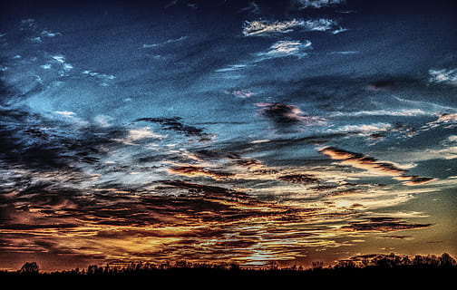 tramonto, sera, drammatico, ultimi bagliori, blu, nuvole, silhouette, cielo, cielo serale, notte, crepuscolo, abendstimmung, ombra, paesaggio, alberi, natura, arancia, rossastro, umore, atmosferico, cielo drammatico, Paesaggi, tempo metereologico, nuvola - cielo, bellezza nella natura, scenics - natura, scena tranquilla, la tranquillità, Inquadratura dal basso, idilliaco, nessuno, colore arancione, stella - spazio, all'aperto, spazio, astronomia, soggezione, 5K, CC0, dominio pubblico, privo di copyright