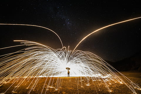 bright, dark, evening, explosion, fireworks, flame, flash, illuminated, lights, long exposure, motion, night, night sky, person, sky, stars, wire wool, glowing, blurred motion, nature, one person, spinning, arts culture and entertainment, sparks, land, real people, outdoors, lifestyles, standing, burning, 5K, CC0, public domain, royalty free