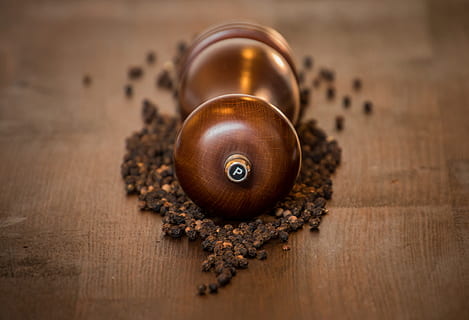pepper, pepper mill, sharp, benefit from, spices, grains, black pepper, season, spice mill, mill, pfefferkorn, grind, pepper ground, wooden table, dark wood, wood - material, food and drink, table, freshness, food, brown, indoors, wellbeing, close-up, no people, selective focus, healthy eating, roasted coffee bean, high angle view, ingredient, coffee, still life, seed, nature, copy space, wood grain, caffeine, 4K, CC0, public domain, royalty free