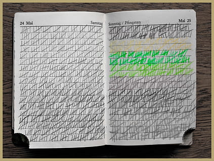 boek, aantekeningen, het verlof, Schrijf op, notitieboekje, invoeren, Notitie, boekje, kantoor, boekpagina's, tellen, overeenstemmen, beroertes, binnenshuis, geen mensen, recht boven, detailopname, papier, hoge hoekmening, studio opname, creativiteit, stilleven, patroon, vorm, communicatie, bevloering, grote groep objecten, ontwerp, tafel, hout - materiaal, groene kleur, milieubehoud, 4K, CC0, publiek domein, royaltyvrij