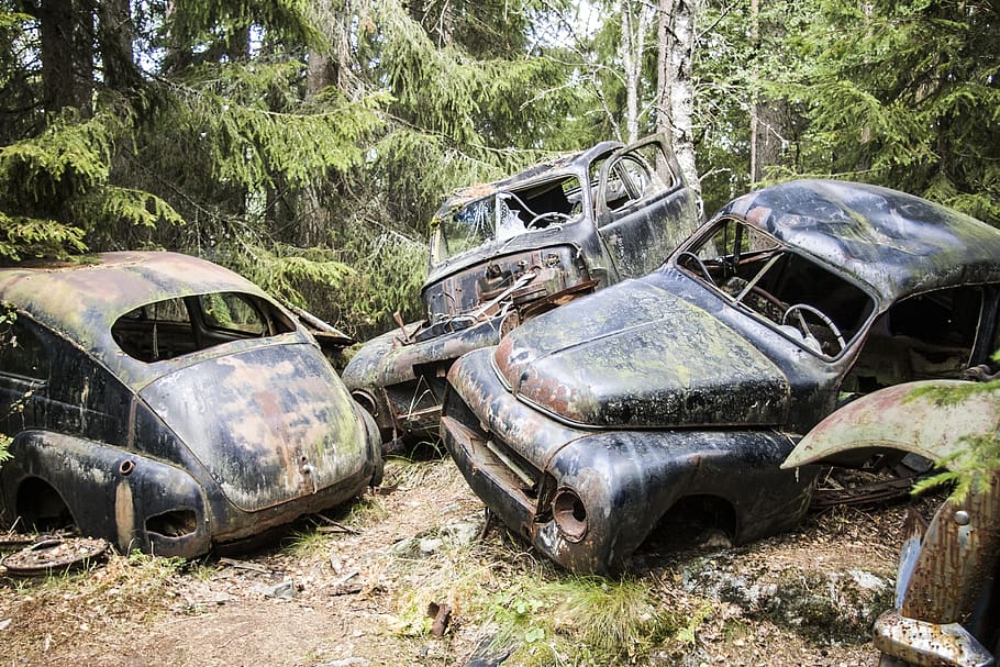 drei, Schaden, schwarz, Autos, Wald, tagsüber, schwarze Autos, Auto, Schrott, Moos, alt, Rost, Grün, rostig, Auto-Schredderrückstände, verlassen, Drei gleiche, volvo, beschädigt, Wrack, gebrochen, Absturz, Schrottplatz, ruiniert, schmutzig, Unglück, zerstört, obsolet, Landfahrzeug, Altmetall, draußen, keine Leute, Transport, Zerstörung, Tag, Kraftfahrzeug, Transportmittel, Ablehnen, Verschlechterung, heruntergewirtschaftet, Land, Metall, Baum, schlechter Zustand, 2K