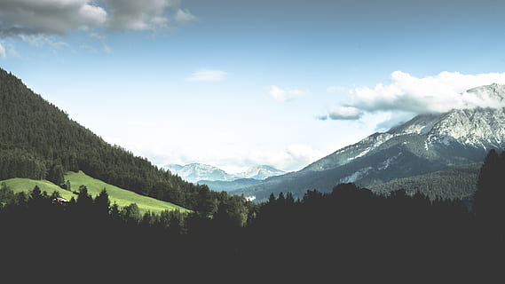 Antenne, Foto, Wald, tagsüber, Bäume Feld, Bergalpen, Entfernung, grüner Hügel, wolkig, Himmel, Berg, Tal, Wolke, Natur, Gebirge, Landschaft, szenen, draußen, Gipfel, Baum, Schnee, keine Leute, Schönheit in der Natur, Landschaften, Farbbild, wolke - himmel, Umgebung, Szenen - Natur, Pflanze, Land, Ruhe, ruhige Szene, Nicht-städtische Szene, Kiefer, Nadelbaum, Bergrücken, 5K, CC0, gemeinfrei, lizenzfrei