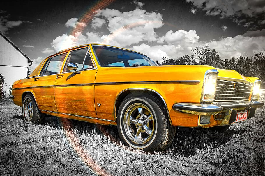 oldtimer, companys, automàtic, retro, automoció, roda, pkw, alt contrast, hdr tonificant, cotxe, groc, a l'aire lliure, núvol - cel, transport, taxi groc, cel, dia, cap gent, manera de transport, automòbil, vehicle terrestre, estil retro, naturalesa, cotxe d'època, estacionari, arbre, vell, planta, 4K