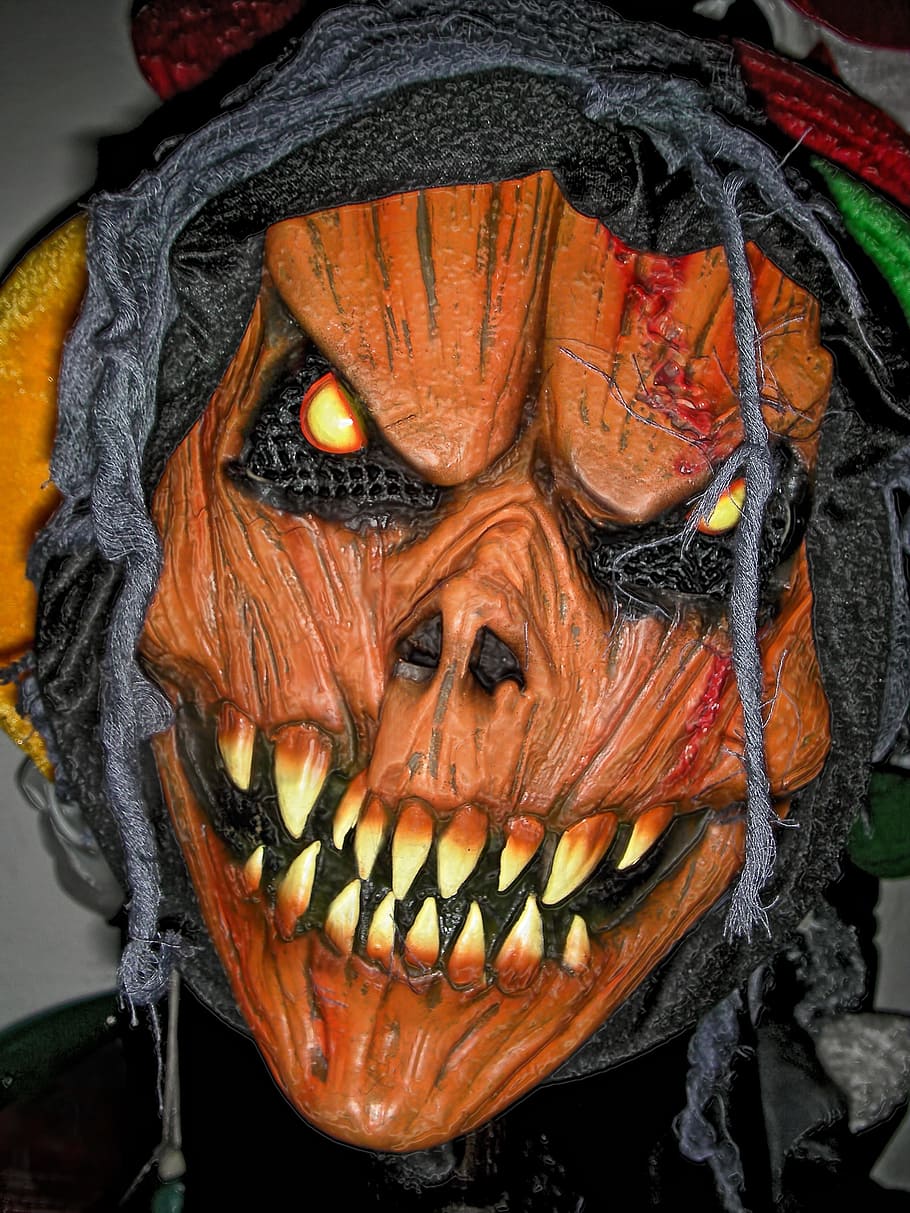hnědý, Černá, maska ​​démona, zombie, ďábel, zlo, předvečer Všech svatých, děsivé, maska, tvář, Dovolená, hrůza, strašidelný, oči, smrt, mrtvý, Lucifer, peklo, detail, umění a řemesla, zastoupení, nikdo, den, lidské zastoupení, tvořivost, sochařství, oranžová barva, oslava, zaměřit se na popředí, řemeslo, umělý, dýně, antropomorfní, venku, démon - fiktivní postava, 2K