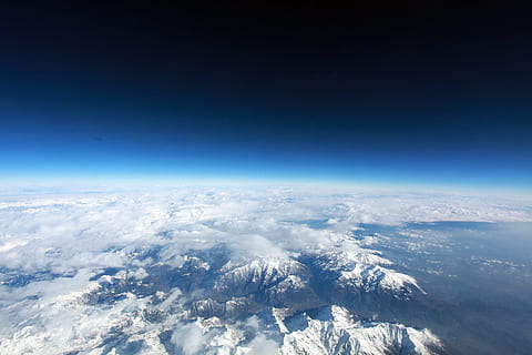 view, outer, space, Earth, outer space, sky, clouds, blue, landscape, nature, aerial view, scenics, beauty in nature, tranquil scene, cloud - sky, environment, planet earth, high up, scenics - nature, mountain, mountain range, satellite view, horizon, extreme terrain, cloudscape, snow, no people, outdoors, above, meteorology, 5K, CC0, public domain, royalty free