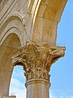 arch, scroll, decoration, decorative, ornate, architecture, the past, history, low angle view, built structure, architectural column, travel destinations, no people, day, art and craft, sky, creativity, tourism, monument, travel, memorial, nature, representation, sculpture, outdoors, ancient civilization, carving, ruined, archaeology, 4K, CC0, public domain, royalty free
