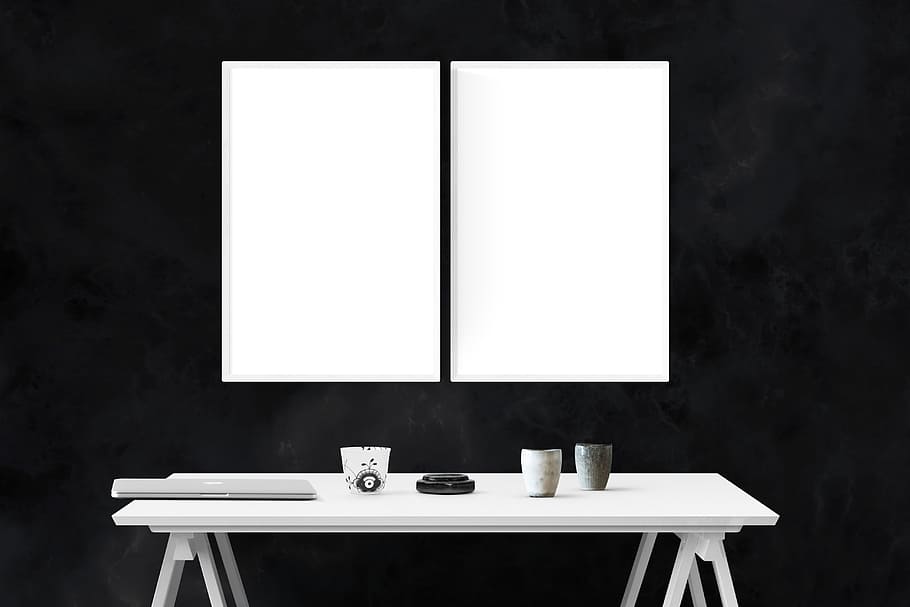 dos, blanc, taules, fusta, taula, maqueta, paret, pòster, burla, marc, plantilla, interior, cap gent, a l'interior, còpia espai, Color blanc, seient, absència, cadira, buit, en blanc, tecnologia, tassa, natura morta, fons negre, color negre, menjar i beguda, equipament per a la llar, modern, interior de casa, tir de l'estudi, llum elèctrica, 5K