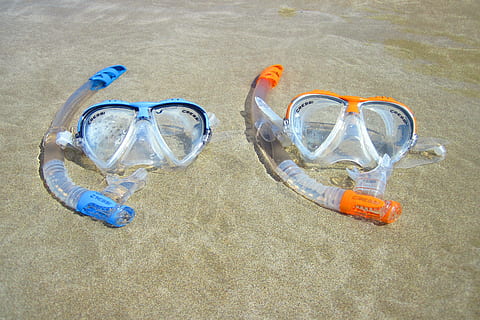 two, snorkel, goggles, beach shore, blue, orange, beach, diving, equipment, fun, mask, object, plastic, rubber, scuba, snorkeling, sport, summer, water, sea, scuba Diving, swimming Goggles, swimming, underwater, vacations, diving Into Water, underwater Diving, nature, scuba Mask, face Guard - Sport, diving Flipper, outdoors, no people, sand, indoors, day, close-up, land, orange color, high angle view, transparent, sandal, security, absence, flip-flop, sunlight, personal accessory, eyewear, 4K, CC0, public domain, royalty free