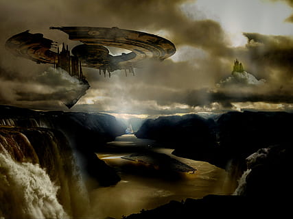 svart, luftfartyg illustration, rymdskepp, sci fi, framåt-, vattnen, panorama, flod, sten, landskap, fantasi, moln, himmel, atmosfär, atmosfärisk, ljus, resa, natur, berg, gryning, solnedgång, naturskön, klippa, sjö, moln - himmel, scenics - natur, vatten, skönhet i naturen, rörelse, inget folk, utomhus, solstråle, suddig rörelse, flygande, lång exponering, lugn, rök - fysisk struktur, dag, digital komposit, kraft i naturen, 4K, CC0, offentligt domän, royaltyfria