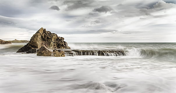 sea, water, ocean, storm, cliff, coast, HD wallpaper, Killiney, rocks, waves, windy, sky, cloud - sky, rock - object, land, scenics - nature, rock, horizon, beauty in nature, beach, solid, nature, motion, horizon over water, long exposure, wave, no people, outdoors, stack rock, 2K, CC0, public domain, royalty free