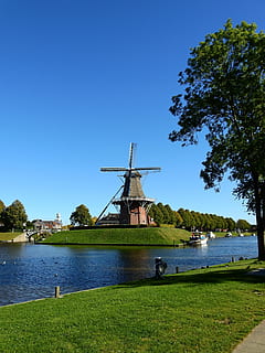 molí, molí de vent, edifici, ala, cel, vent, Fris, Holanda, Països Baixos, històricament, aigua, canal, Mar del nord, cultura holandesa, kinderdijk, naturalesa, europa, estiu, història, vell, paisatge, escena rural, lloc famós, blau, arquitectura, molí de vent tradicional, cultures, color verd, a l'aire lliure, energia eòlica, llac, aerogenerador, planta, arbre, energia alternativa, energia renovable, herba, turbina, generació de combustible i energia, conservació del medi ambient, dia, estructura construïda, cel clar, cap gent, 4K, CC0, domini públic, lliure de regalies