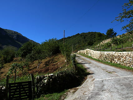 nature, path, mountain, cloud, cordillera, landscape, walker, walk, walking, field, trail, mountain road, transportation, sky, road, tree, plant, direction, clear sky, no people, the way forward, scenics - nature, day, blue, tranquility, beauty in nature, tranquil scene, non-urban scene, footpath, outdoors, 2K, CC0, public domain, royalty free